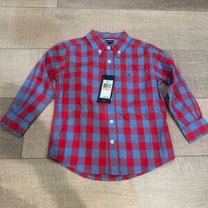 TOMMY HILFIGER BOYS RED PLAID LONG SLEEVE BUTTON SHIRT NEW 2T